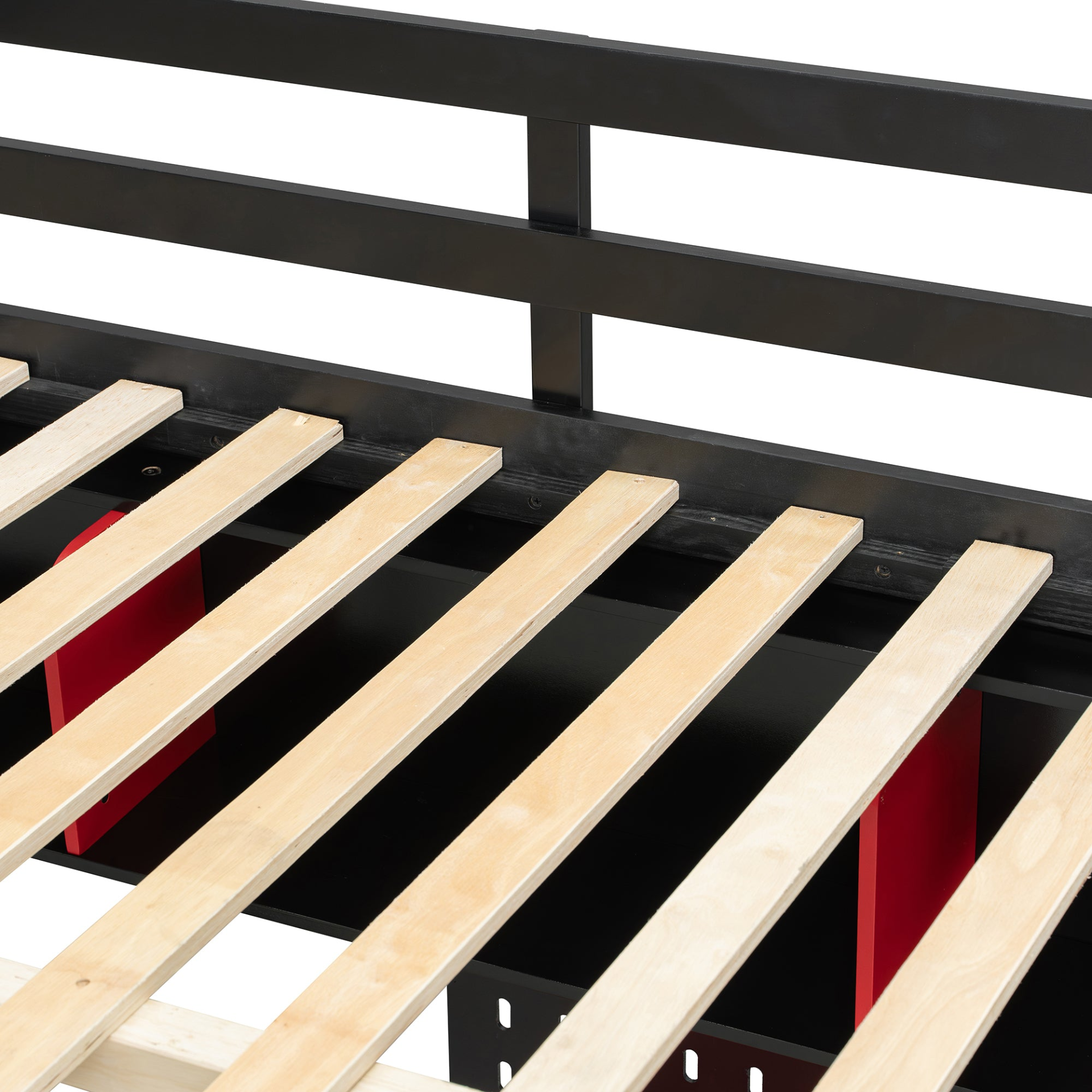 Full size wood loft bed with desk, shelves, LED lights, USB ports, and pegboard by Start2Finish, showing the multi-functional bedroom setup.