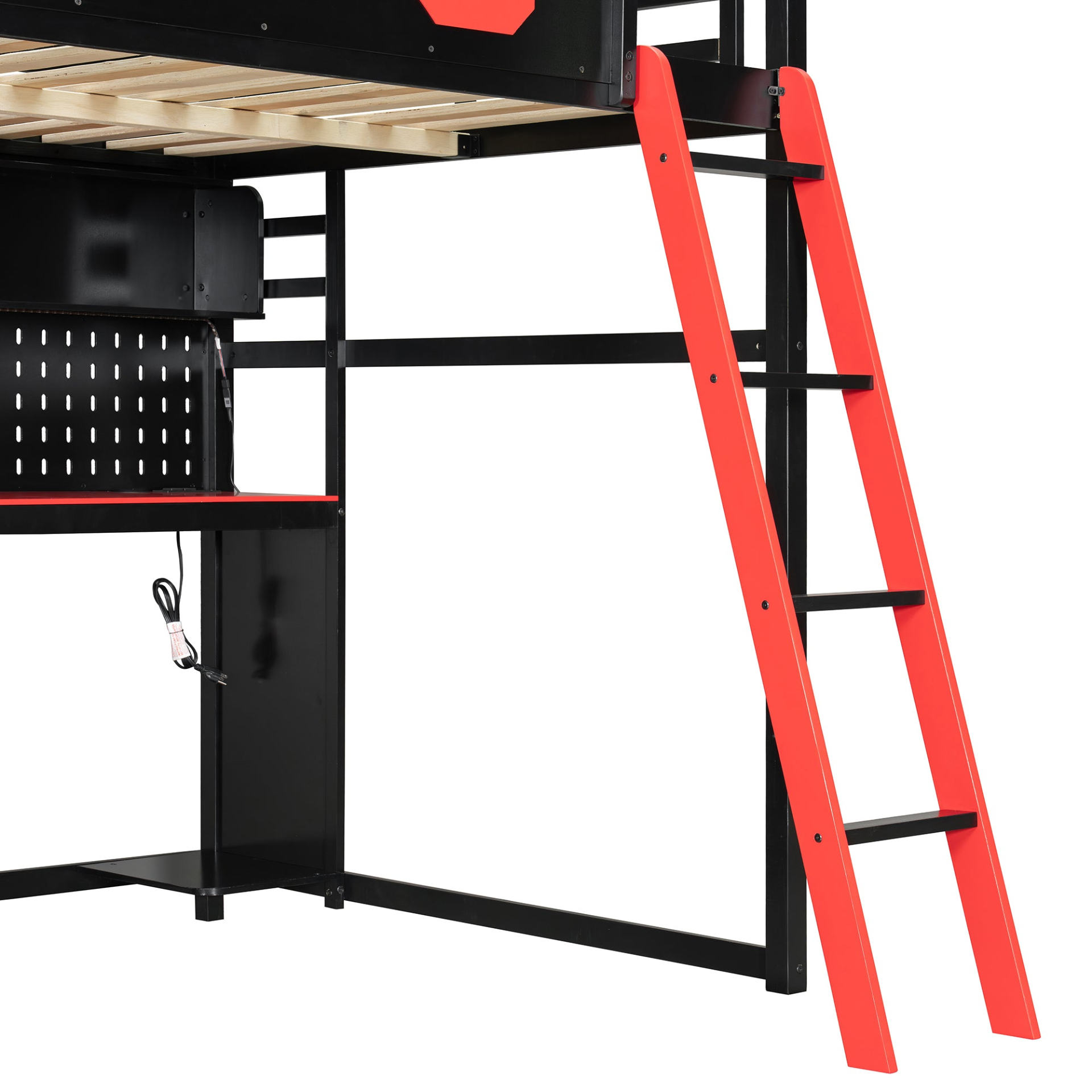 Full size wood loft bed by Start2Finish featuring a desk, shelves, LED lights, USB ports, and a pegboard.