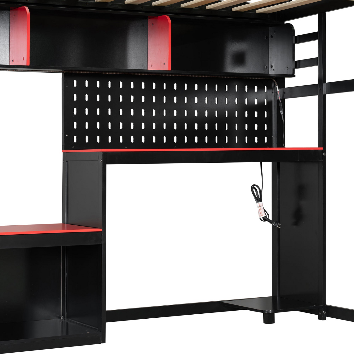 Full size wood loft bed by Start2Finish with desk, shelves, LED lights, USB ports, and pegboard in a modern bedroom setting