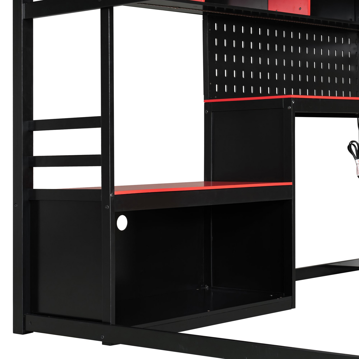Full size wood loft bed with desk, shelves, LED lights, USB ports, and pegboard by Start2Finish, showing the multi-functional bedroom furniture.