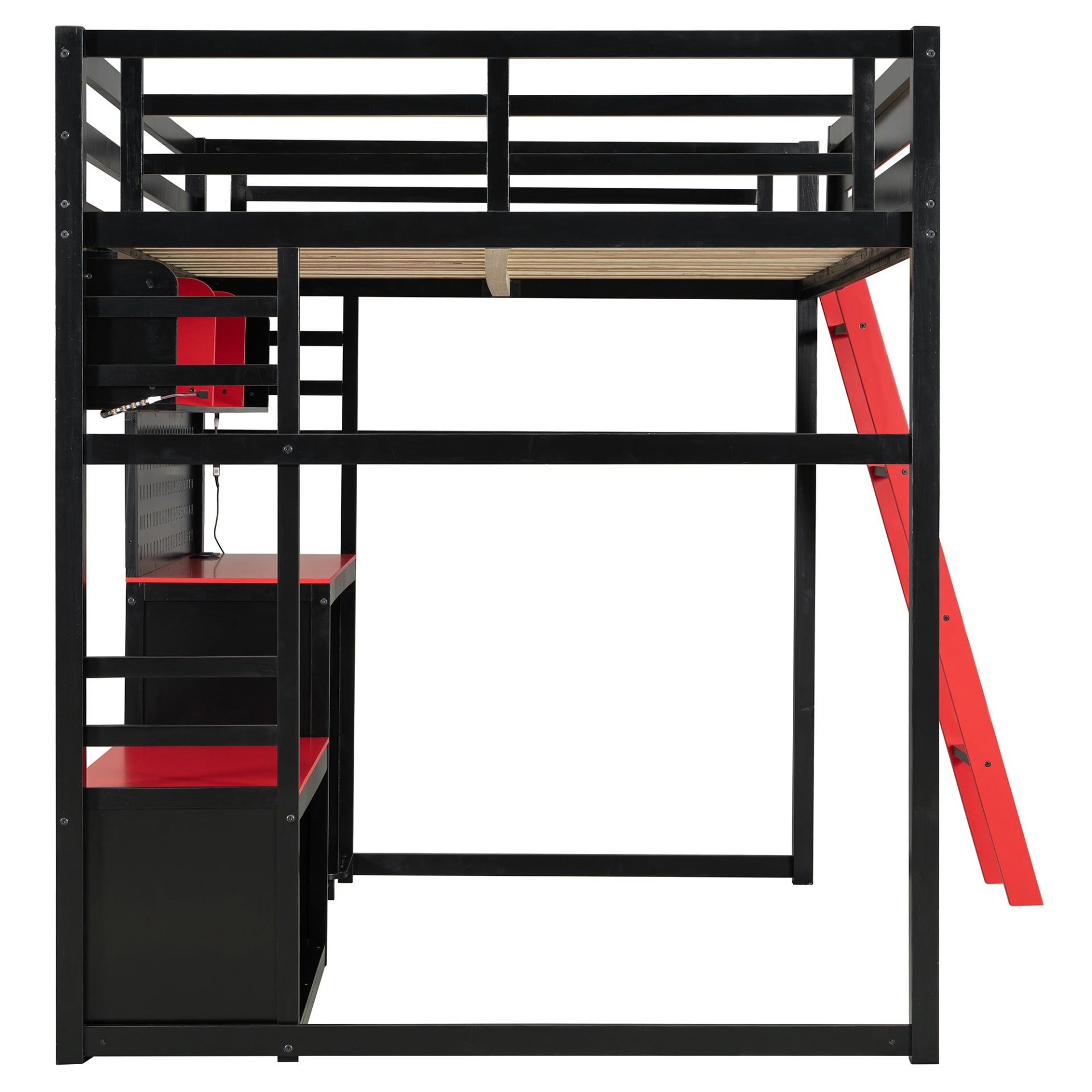 Full size wood loft bed by Start2Finish with integrated desk, shelves, LED lights, USB ports, and pegboard in a modern bedroom setup.