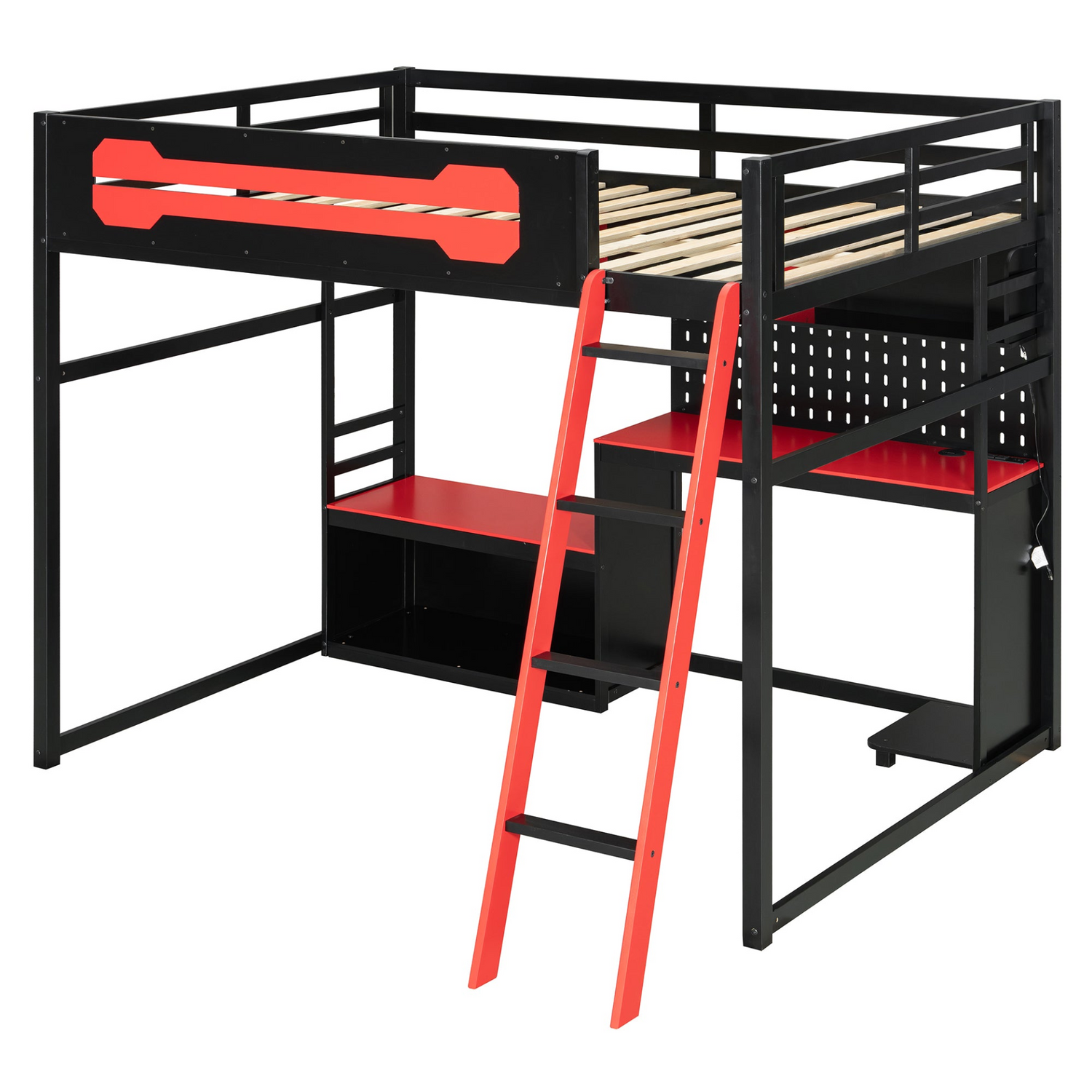 Start2Finish full size wood loft bed with desk, shelves, LED lights, USB ports, and pegboard for versatile bedroom setup.