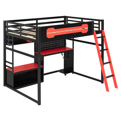 Start2Finish full size wood loft bed with desk, shelves, LED lights, USB ports, and pegboard in a modern bedroom setup.