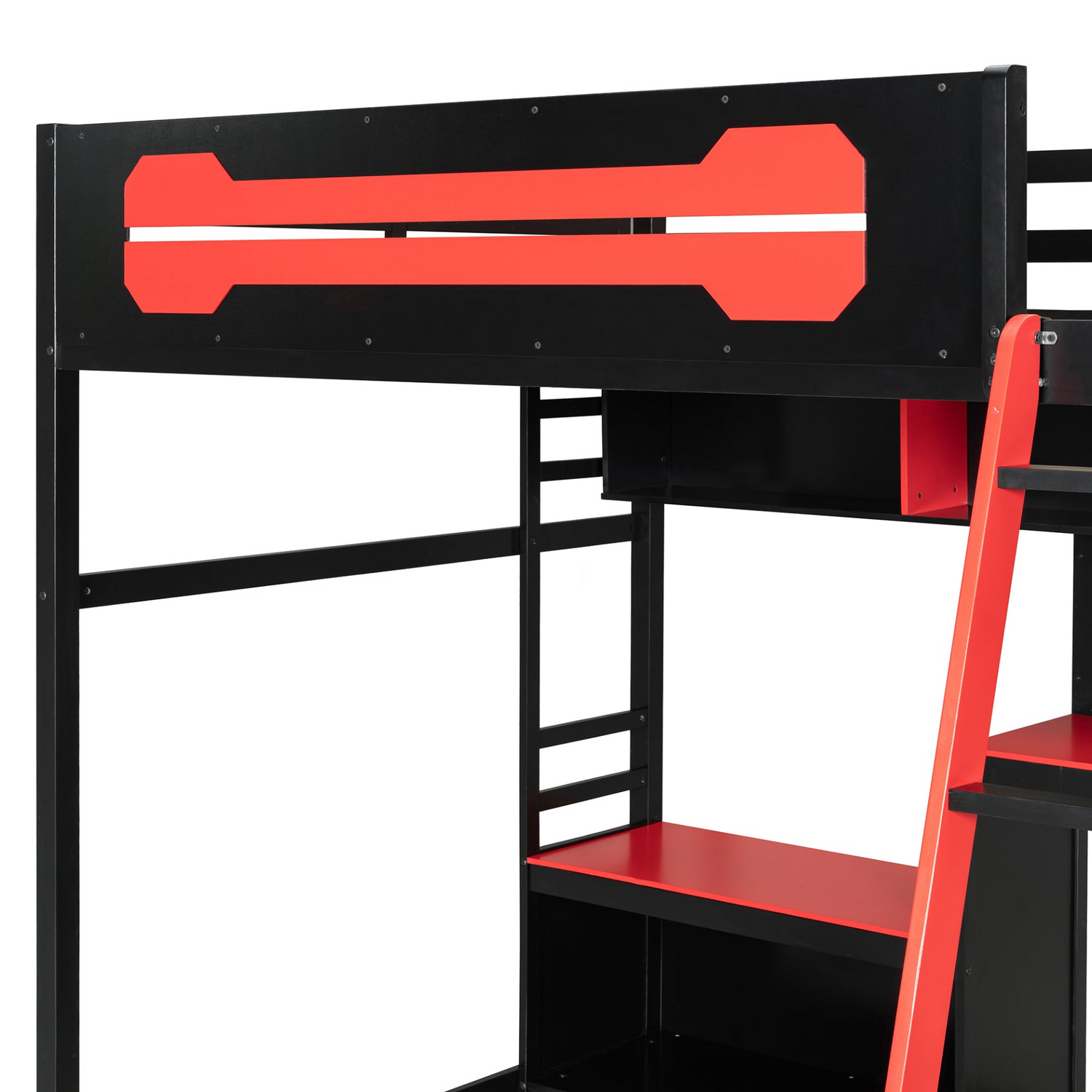 Full size wood loft bed by Start2Finish with integrated desk, shelves, LED lights, USB ports, and pegboard in a modern bedroom setup.