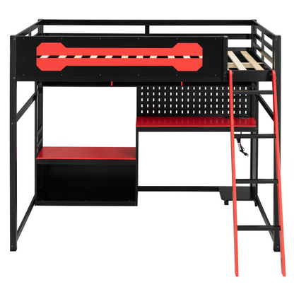 Start2Finish full size wood loft bed with integrated desk, shelves, LED lights, USB ports, and pegboard for versatile bedroom setup.