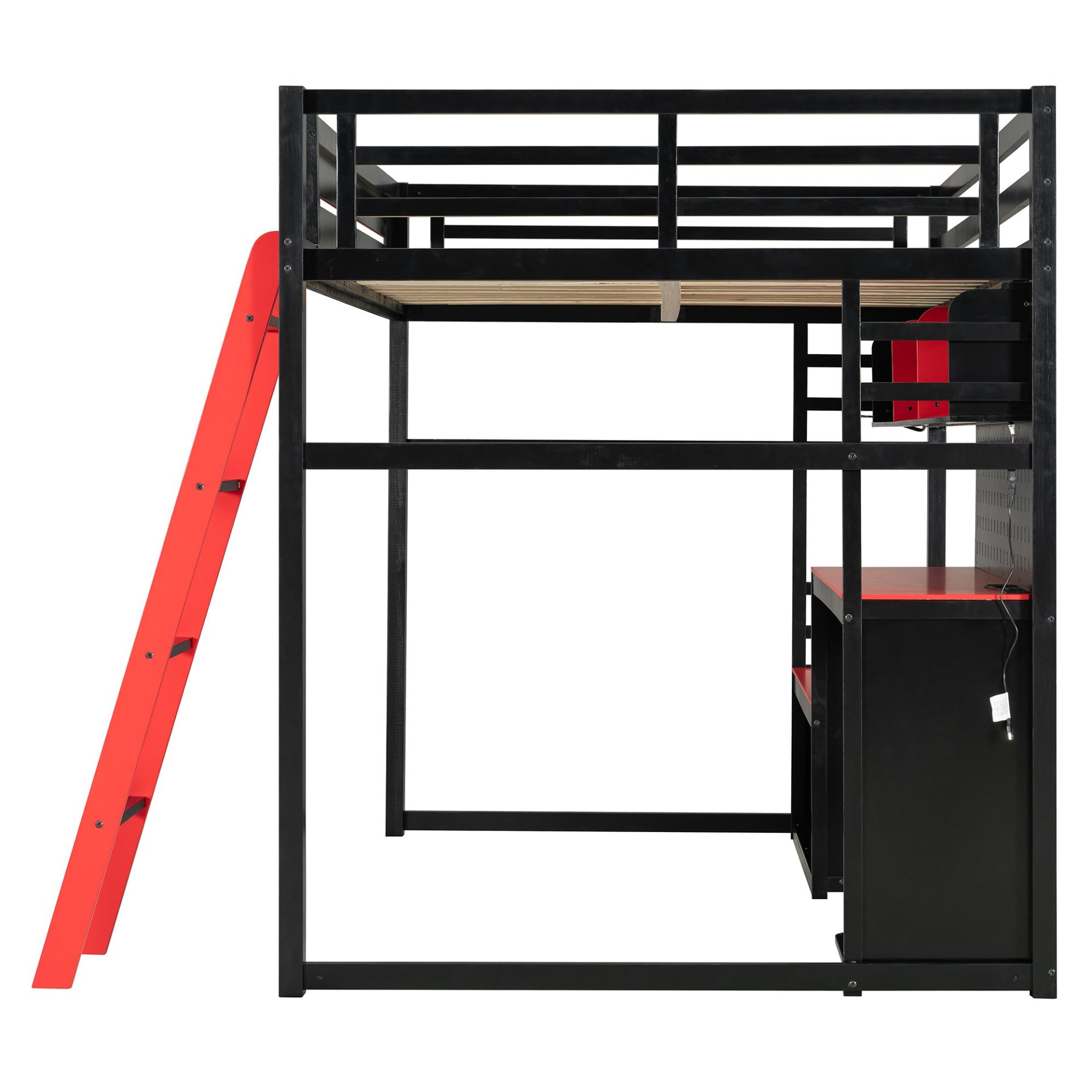 Full size wood loft bed with desk, shelves, LED lights, USB ports, and pegboard by Start2Finish, showcasing the multi-functional design.