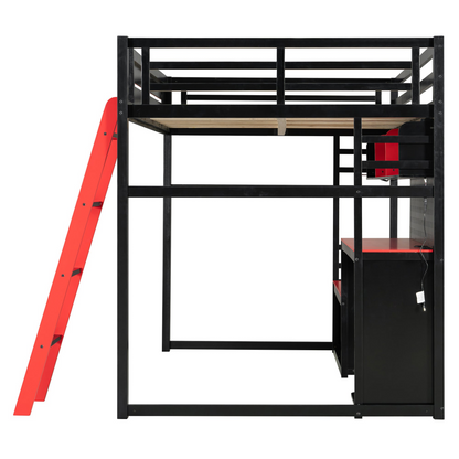 Full size wood loft bed with desk, shelves, LED lights, USB ports, and pegboard by Start2Finish, showcasing the multi-functional design.