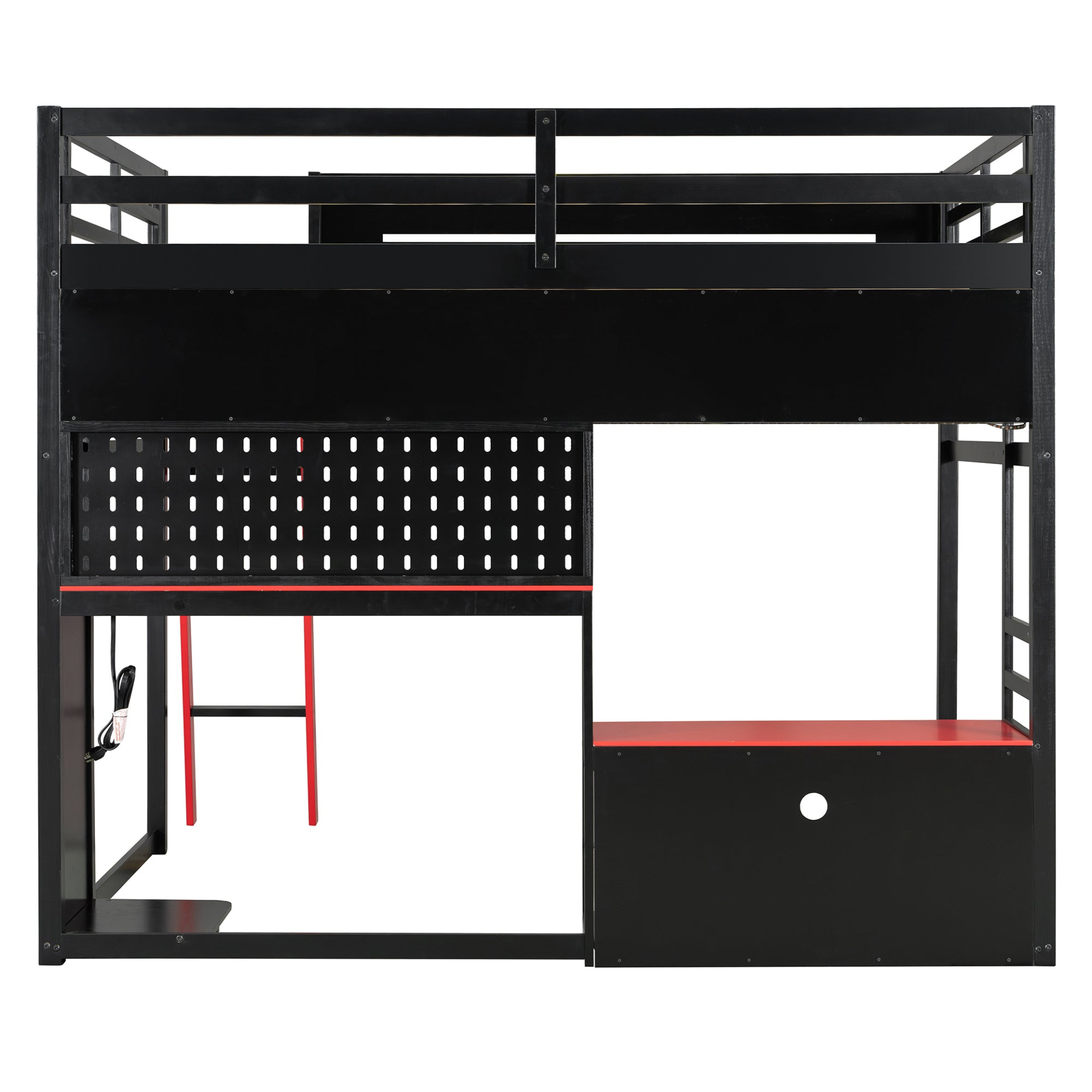 Full size wood loft bed with desk, shelves, LED lights, USB ports, and pegboard by Start2Finish.