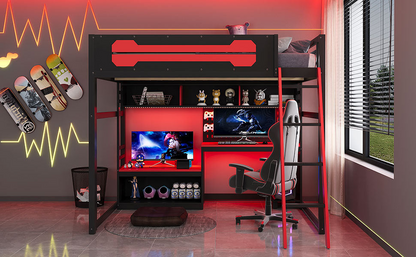 Full size wood loft bed with integrated desk, shelves, LED lights, USB ports, and pegboard by Start2Finish