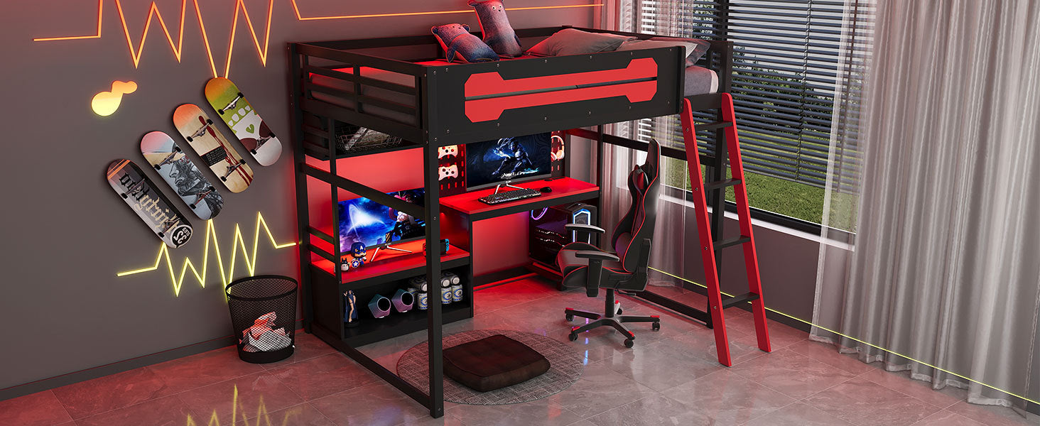 Full size wood loft bed from Start2Finish with integrated desk, shelves, LED lights, USB ports, and pegboard for organized space.