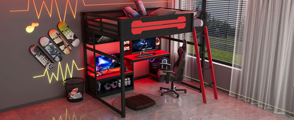 Full size wood loft bed from Start2Finish with integrated desk, shelves, LED lights, USB ports, and pegboard for organized space.
