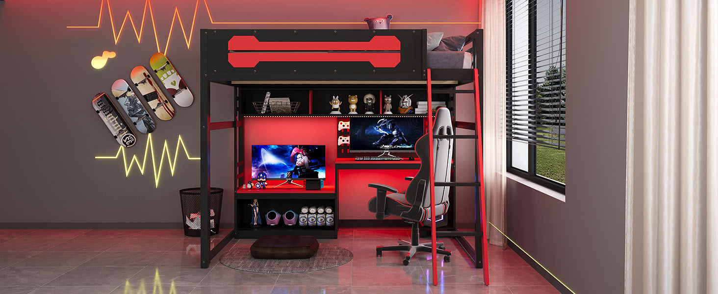 Full size wood loft bed by Start2Finish with desk, shelves, LED lights, USB ports, and pegboard in a modern bedroom setting.