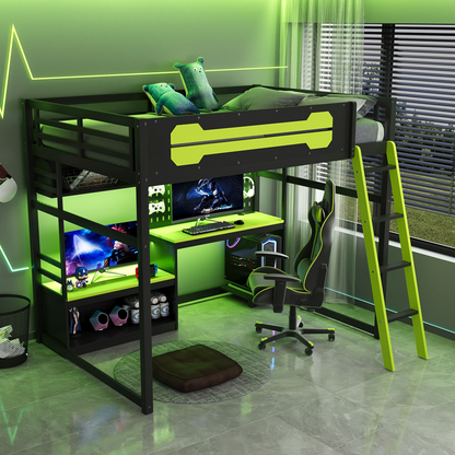 Full size wood loft bed with desk, shelves, LED lights, USB ports, and pegboard by Start2Finish