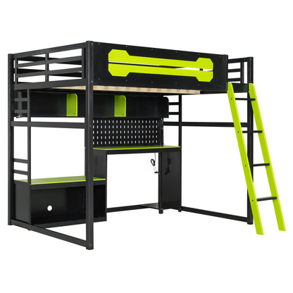 Full size wooden loft bed by Start2Finish with integrated desk, shelves, LED lights, USB ports, and pegboard for versatile storage.