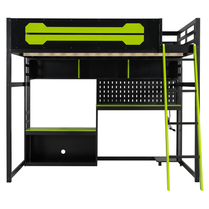 Start2Finish full size wood loft bed with desk, shelves, LED lights, USB ports, and pegboard, shown with modern design and sturdy wood frame.