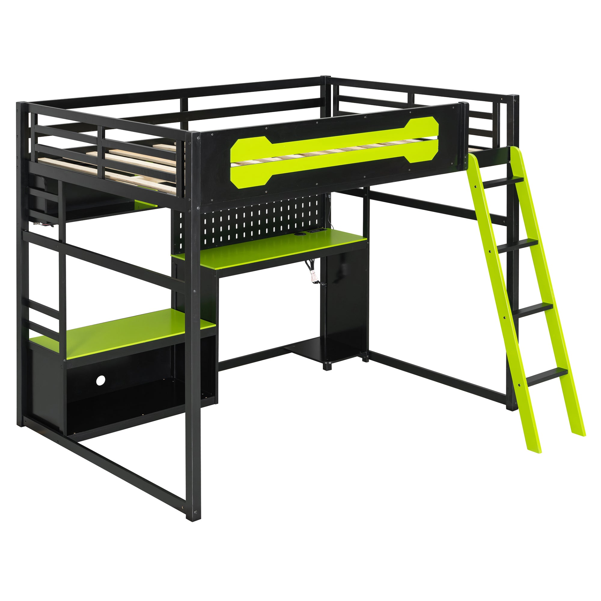 Start2Finish full size wood loft bed with desk, shelves, LED lights, USB ports, and pegboard for versatile bedroom storage.