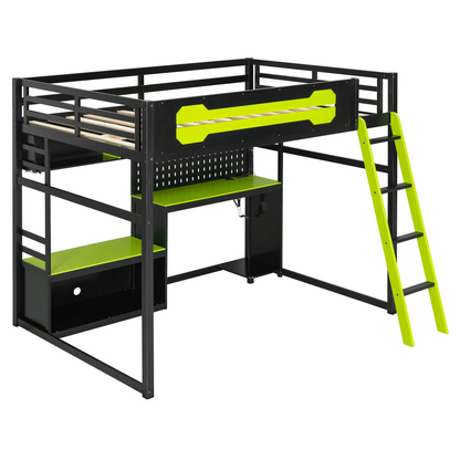 Start2Finish full size wood loft bed with desk, shelves, LED lights, USB ports, and pegboard for versatile bedroom storage.