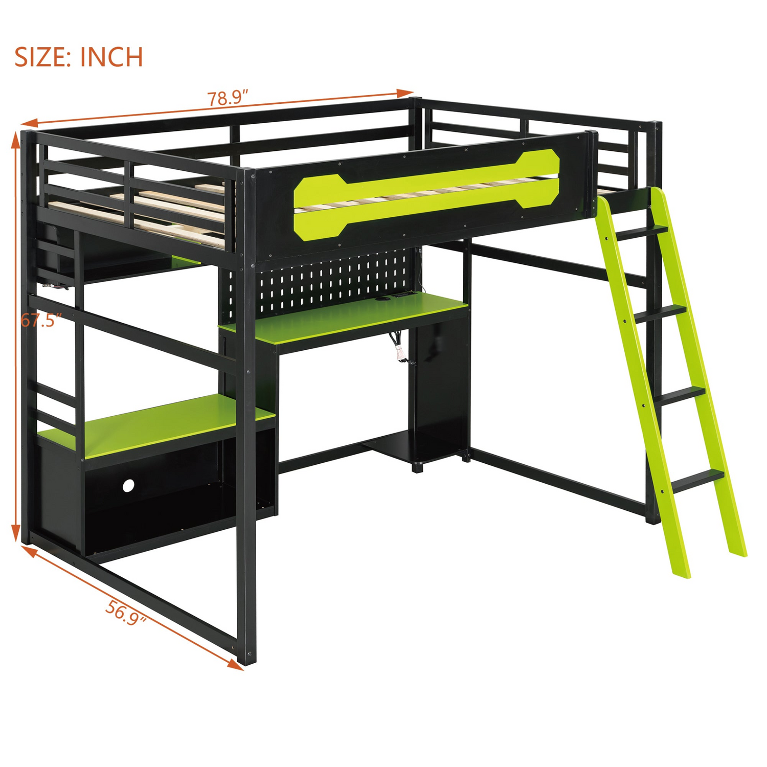Full size wood loft bed by Start2Finish with integrated desk, shelves, LED lights, USB ports, and pegboard for modern bedroom setup