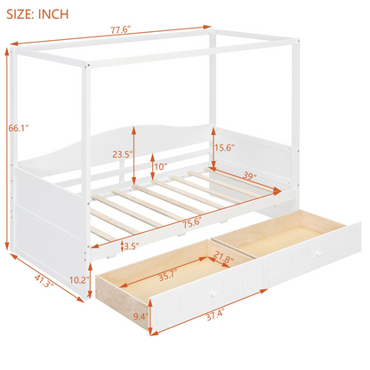 Start2Finish twin size canopy day bed with two drawers, wooden frame, and canopy for bedroom or guest room decor.