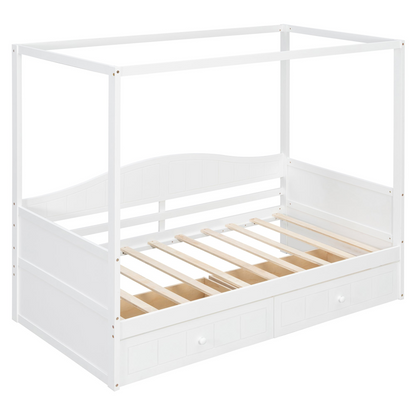 Twin size canopy day bed with frame, two drawers, and canopy design by Start2Finish, suitable for bedroom or guest room decor.