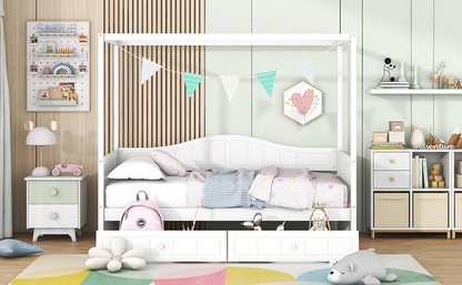 Twin size canopy day bed frame with two drawers from Start2Finish, featuring a canopy and a sturdy wooden structure for bedroom use.