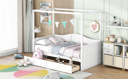 Twin size Start2Finish canopy day bed frame with two drawers, featuring a canopy and sturdy construction for bedroom or guest room use.