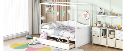 Twin size canopy day bed with two drawers, white wooden bed frame with canopy and storage for bedroom or guest room.