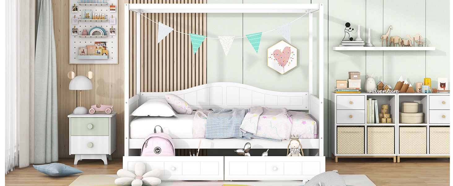 Twin size canopy day bed by Start2Finish with a frame, canopy, and two drawers, ideal for bedroom or guest room decor.