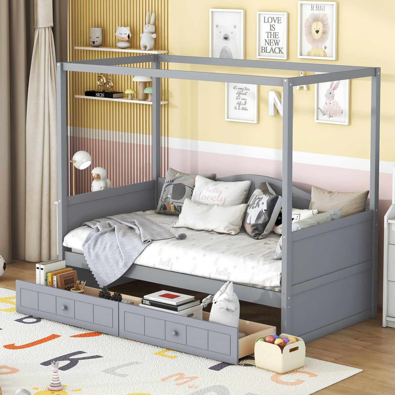 Twin size Start2Finish canopy day bed with two drawers, featuring a stylish canopy frame for bedroom or guest room decor.