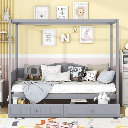 Twin size Start2Finish canopy day bed with two drawers, featuring a sturdy frame and a stylish canopy for bedroom or guest room.