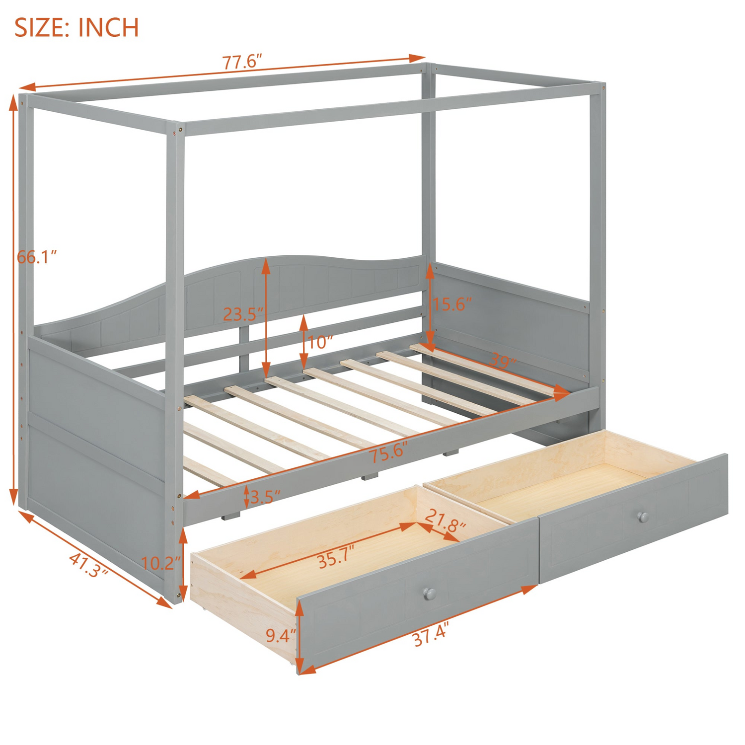 Twin size Start2Finish canopy day bed with two drawers, featuring a sturdy frame and elegant canopy for bedroom or guest room decor.