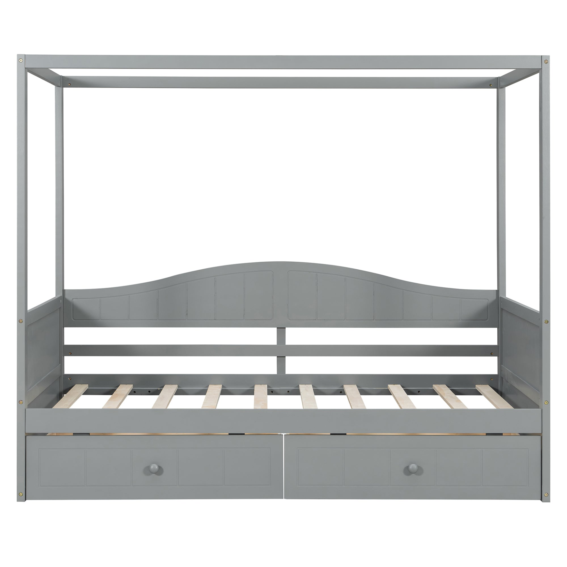 Twin size Start2Finish canopy day bed with two drawers, featuring a canopy frame and elegant bedroom or guest room design