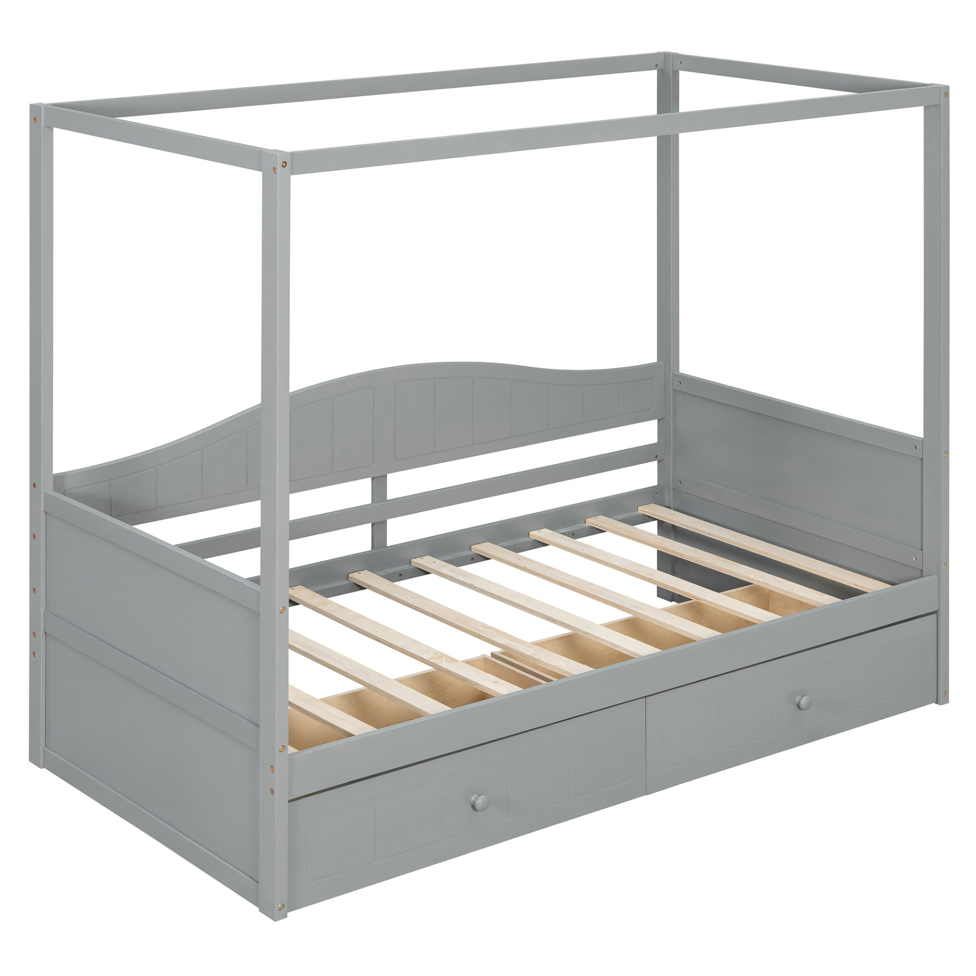 Twin size canopy day bed with two drawers, Start2Finish bed frame featuring a canopy for bedroom or guest room decor.