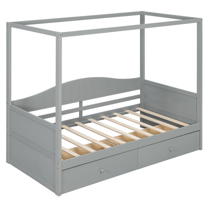 Twin size canopy day bed with two drawers, Start2Finish bed frame featuring a canopy for bedroom or guest room decor.