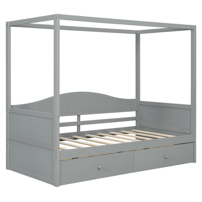Start2Finish twin size canopy day bed with two drawers, featuring a canopy frame suitable for bedroom or guest room decor.