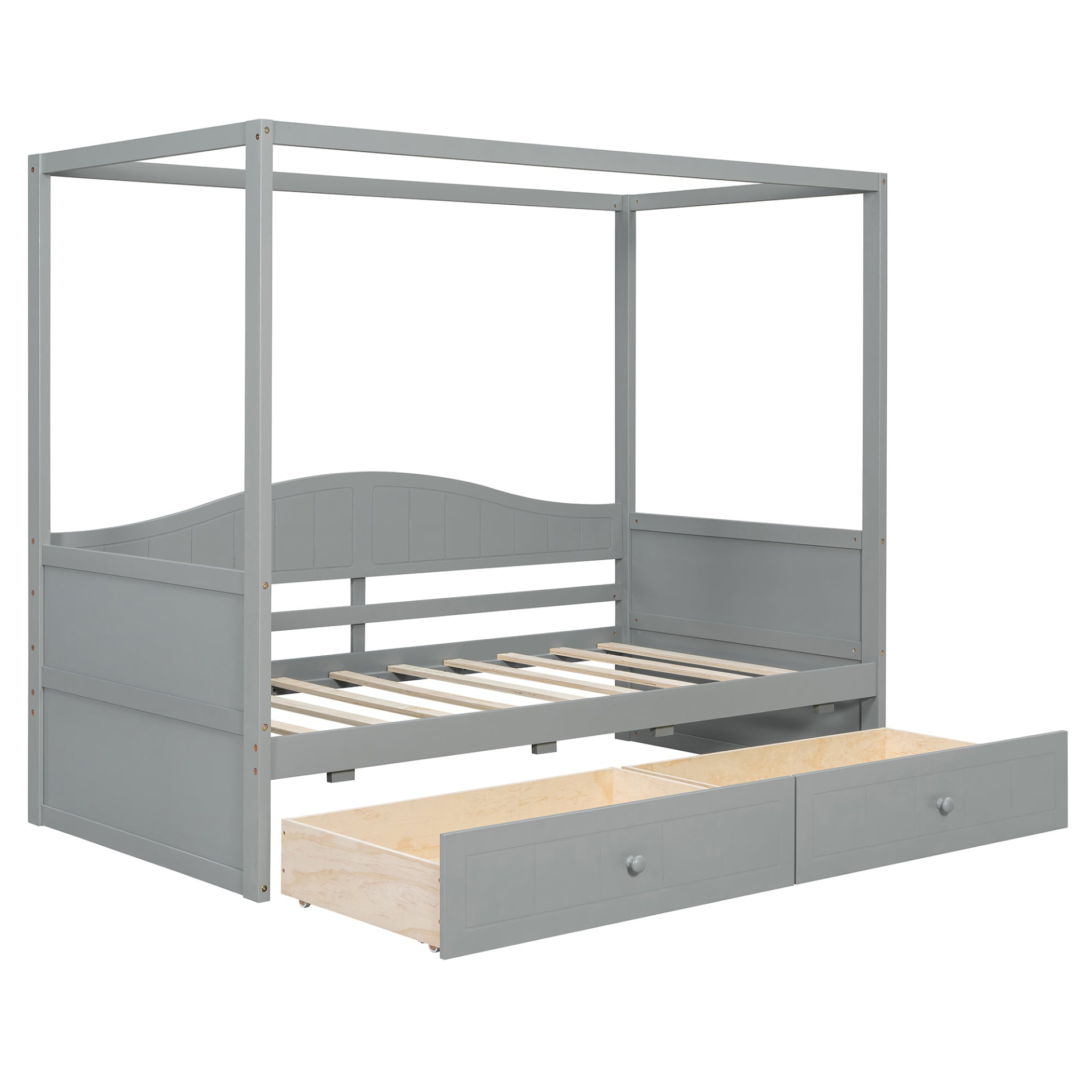Twin size canopy day bed with two drawers by Start2Finish, featuring a canopy frame suitable for bedroom or guest room decor.