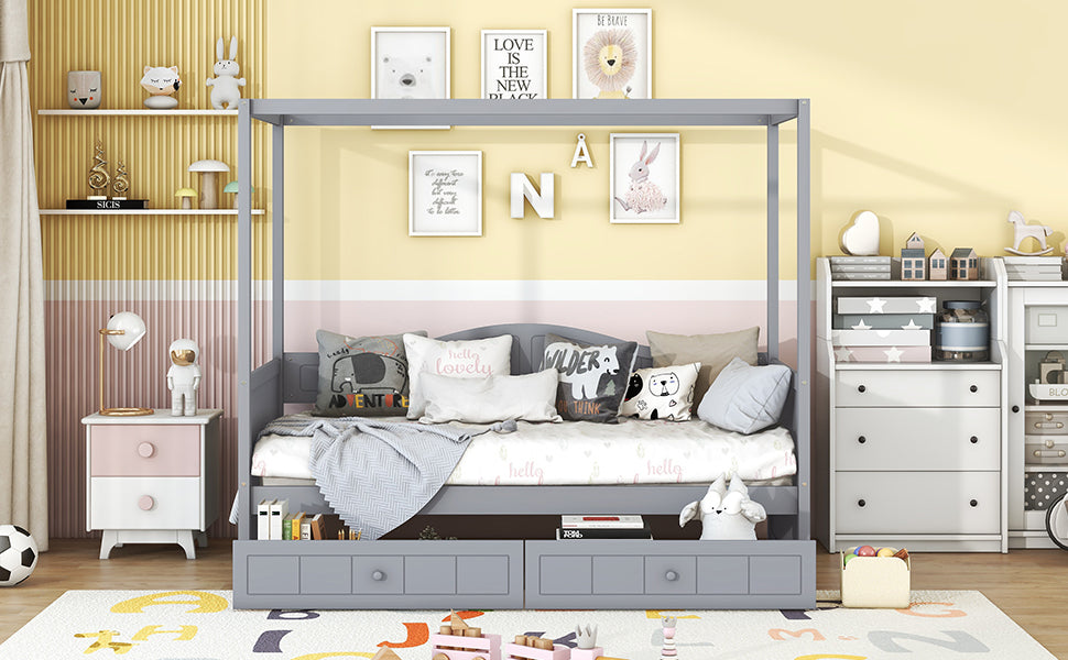 Twin size Start2Finish canopy day bed with two drawers, featuring a frame with a canopy for bedroom or guest room use.
