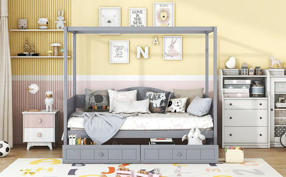 Twin size Start2Finish canopy day bed with two drawers, featuring a frame with a canopy for bedroom or guest room use.