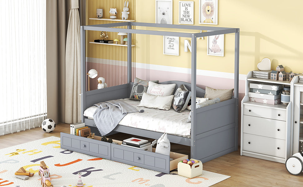 Twin size Start2Finish canopy day bed frame with two drawers, featuring a fabric canopy for bedroom or guest room decor.