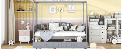 Start2Finish twin size canopy day bed frame with two drawers, featuring a canopy and storage for bedroom or guest room decor.