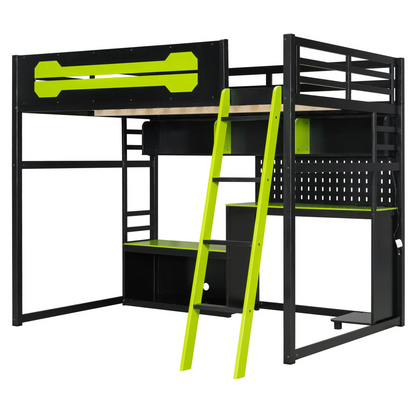 Full size wood loft bed by Start2Finish with integrated desk, shelves, LED lights, USB ports, and pegboard for versatile bedroom setup.
