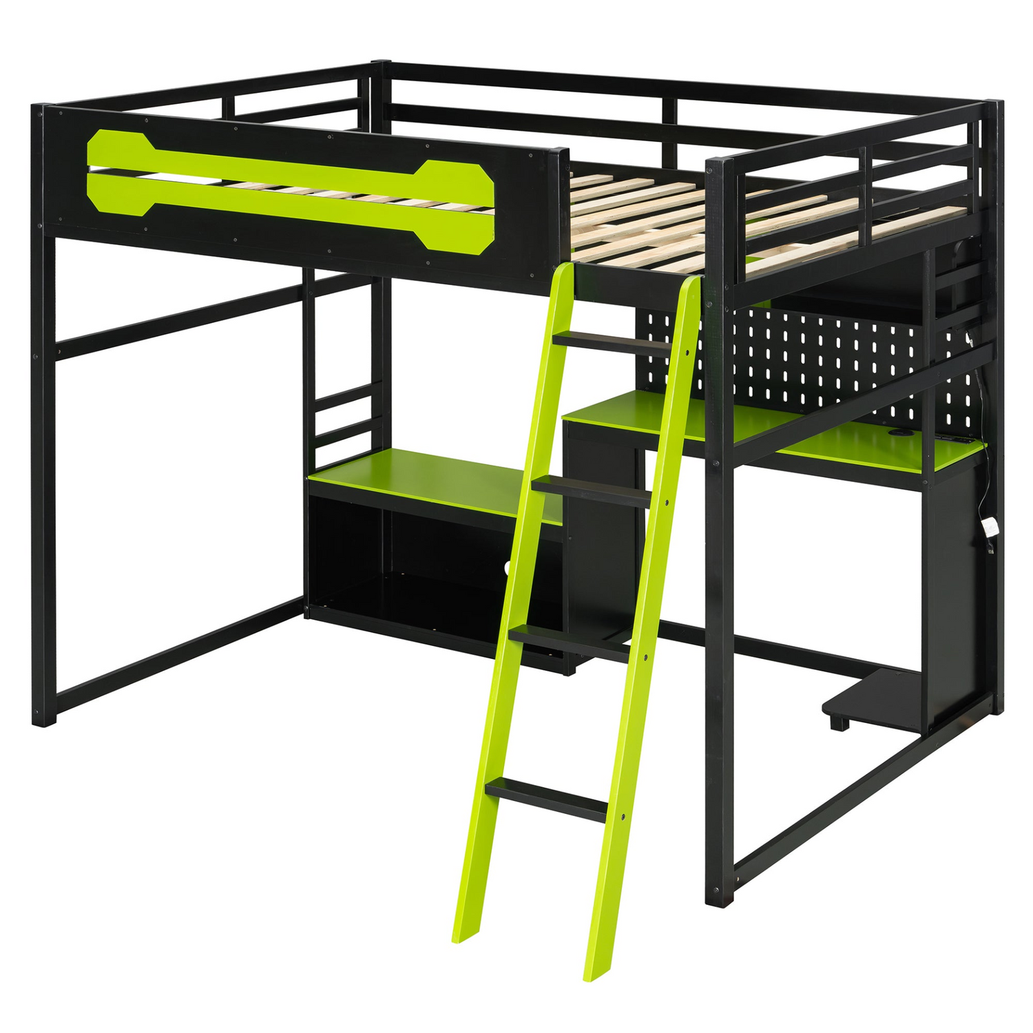 Start2Finish full size wood loft bed with desk, shelves, LED lights, USB ports, and pegboard for versatile bedroom storage and style.