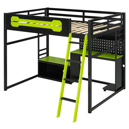Start2Finish full size wood loft bed with desk, shelves, LED lights, USB ports, and pegboard for versatile bedroom storage and style.