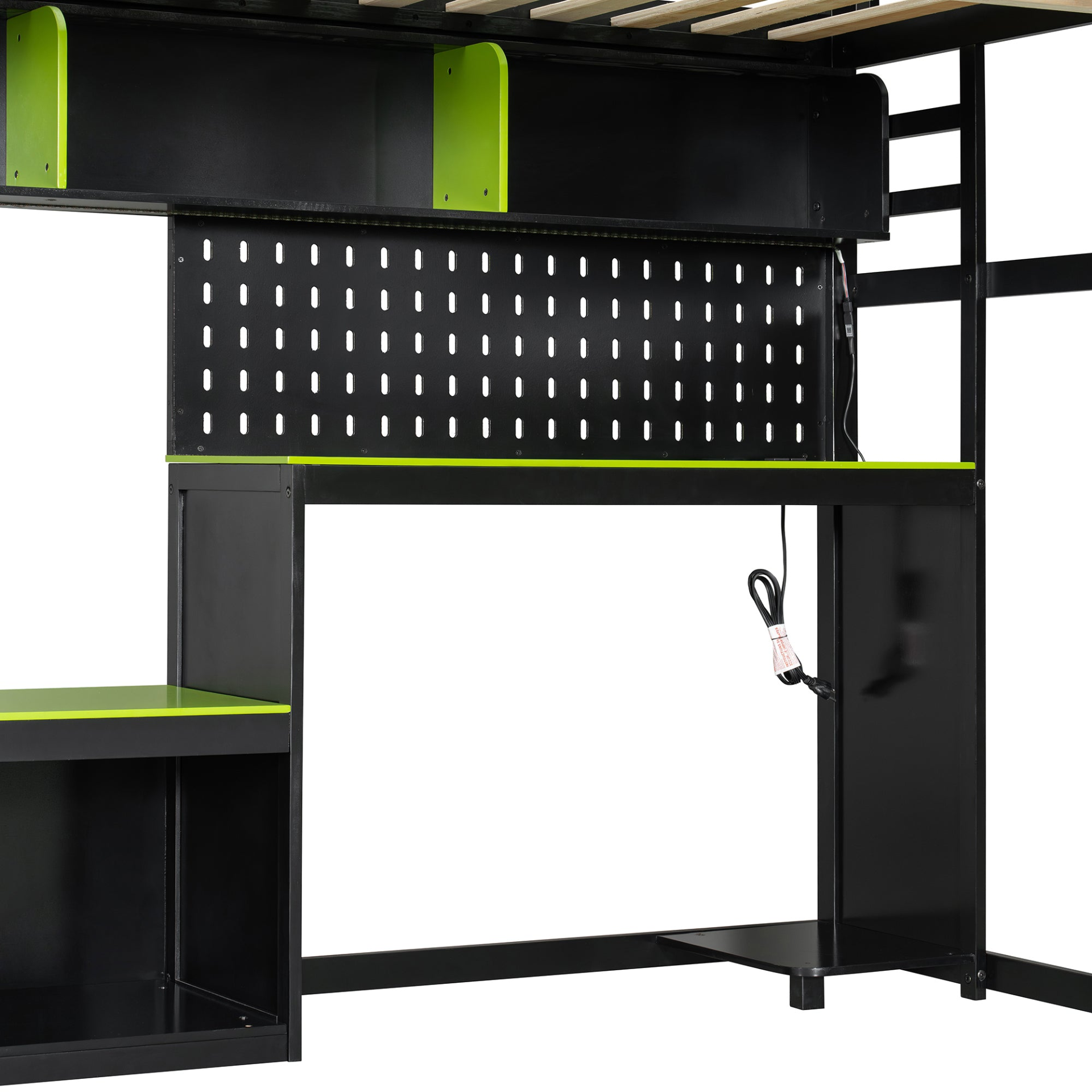 Full size wood loft bed with integrated desk, shelves, LED lights, USB ports, and pegboard by Start2Finish