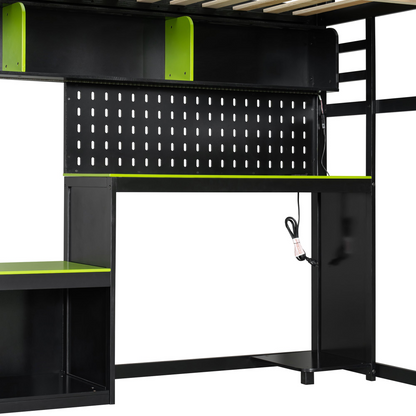 Full size wood loft bed with integrated desk, shelves, LED lights, USB ports, and pegboard by Start2Finish