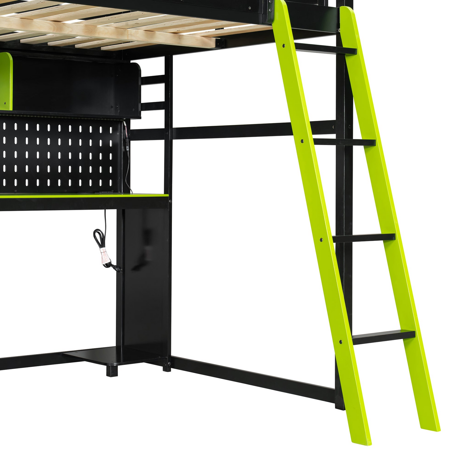 Full size wood loft bed by Start2Finish with built-in desk, shelves, LED lights, USB ports, and pegboard for versatile bedroom use.