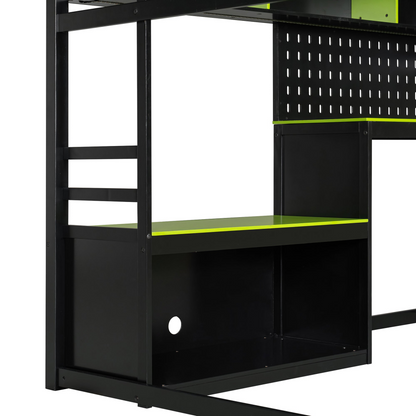 Full size wood loft bed by Start2Finish with built-in desk, shelves, LED lights, USB ports, and pegboard in a modern bedroom setup.