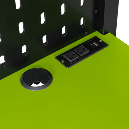 Full size wood loft bed by Start2Finish with integrated desk, shelves, LED lights, USB ports, and pegboard for versatile space.