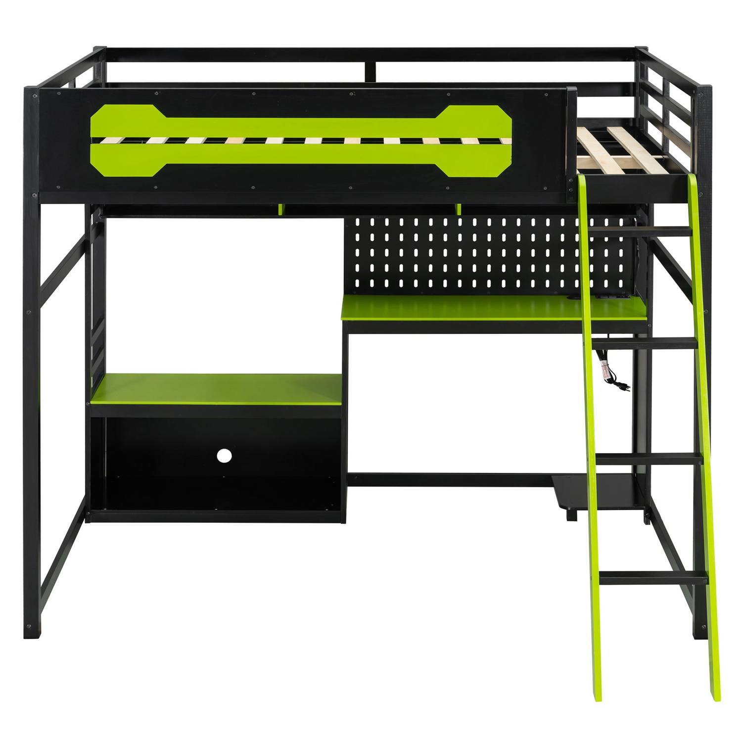 Start2Finish full size wood loft bed with built-in desk, shelves, LED lights, USB ports, and pegboard for kids&
