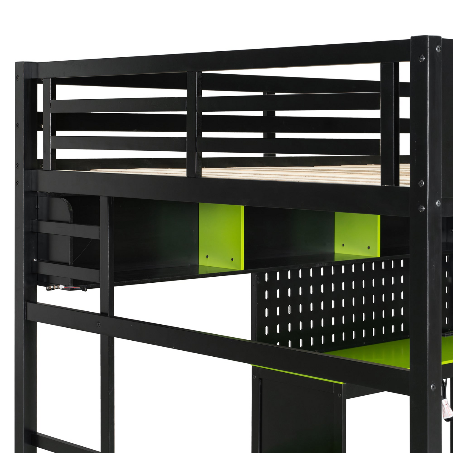Start2Finish full size wood loft bed with integrated desk, shelves, LED lights, USB ports, and pegboard in a modern bedroom setup.